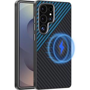 Magnetic Carbon Fiber Case for Samsung Galaxy S24 Ultra Compatible with MagSafe, Slim & Ultra Thin Aramid Fiber Anti-Scratch Military-Grade & Metal Camera Shockproof Case, Black&Blue