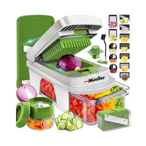 Mueller Pro-Series All-in-One, 8 Blade Mandoline Slicer for Kitchen, Food Chopper, Vegetable Slicer and Spiralizer, Cutter, Dicer, Grater, Kitchen Gadgets Sets with Container, White Sand/Pastel Green