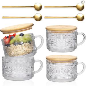 Vintage Coffee Mugs 4pcs Set, 14 Oz Glass Coffee Cups Gifts for Women, Overnight Oats containers with Bamboo Lids and Spoons,Clear Embossed Glass Cups,Cute Coffee Bar Accessories, Iced Coffee Glasses | Clear, Embossed, Tea Cups, Bamboo Lids, Spoons