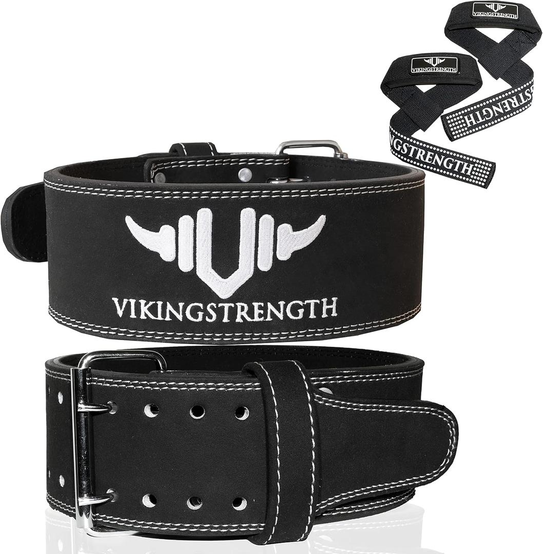 Vikingstrength Premium Weight Lifting Belt with Lifting Straps, Gym Weightlifting Belt for Men and Women, perfect for Squat, Powerlifting, Crossfit and Deadlifting M-4XL + V-Strength Workout App