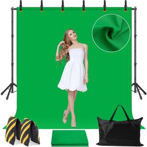10x7.5 Photography Backdrop Stand Kit with Green Screen Backdrop, Photo Backdrop Stand Kit for Video Streaming, and Live Broadcast, Background Stand Kit with Sandbags, Clips, Carring Bag