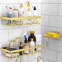 Moforoco 3-Pack Shower Caddy Basket Shelf with Soap Holder, No Drilling Traceless Adhesive Shower Wall Shelves, Rustproof Black Bathroom Shower Storage Organizer (Gold)