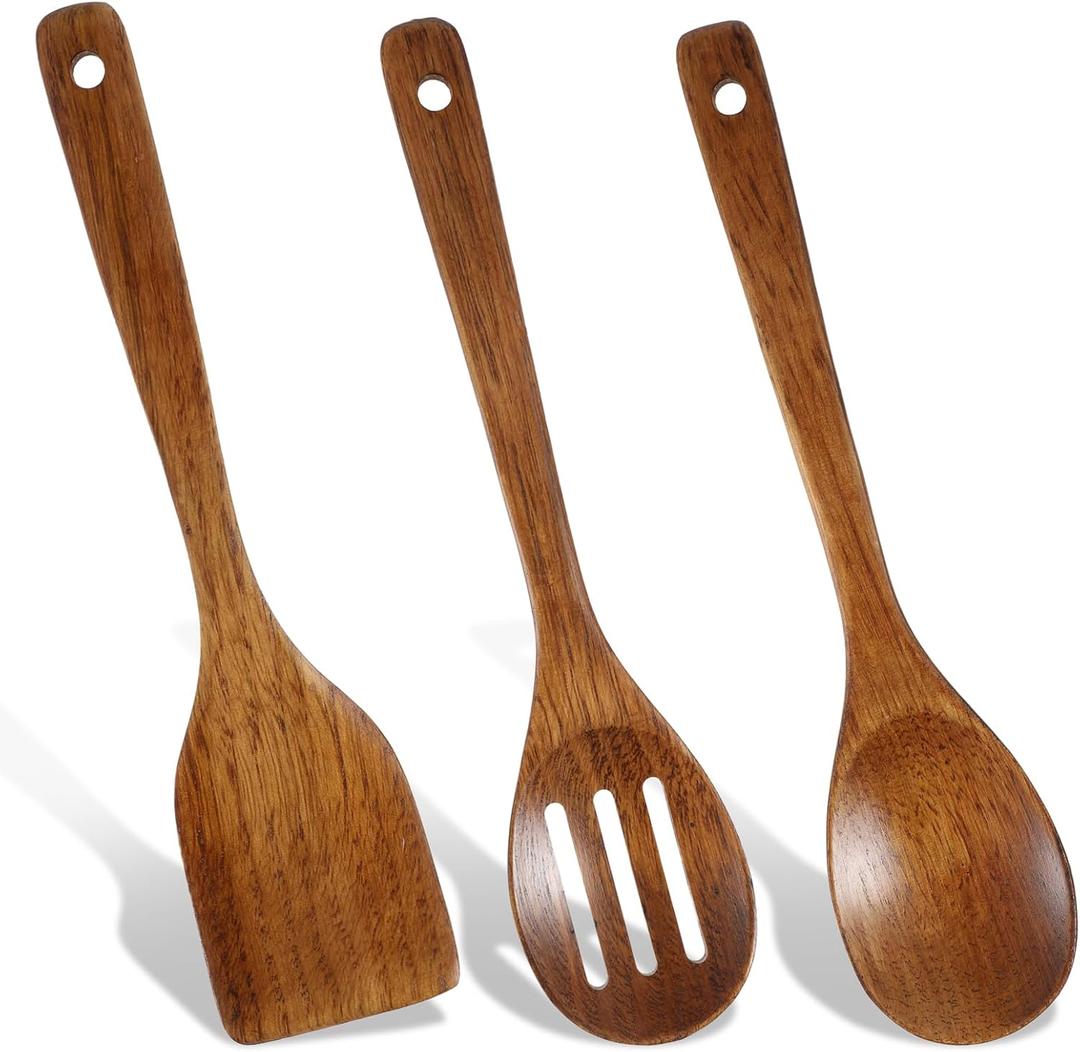 3PCS Wooden Spoons for Cooking 12 inch Non Scratch Woodens Spatulas Set Includes Slotted Spoon Woodens Spoon & Wooden Spatula for Stirring Frying Mixing Sauteing