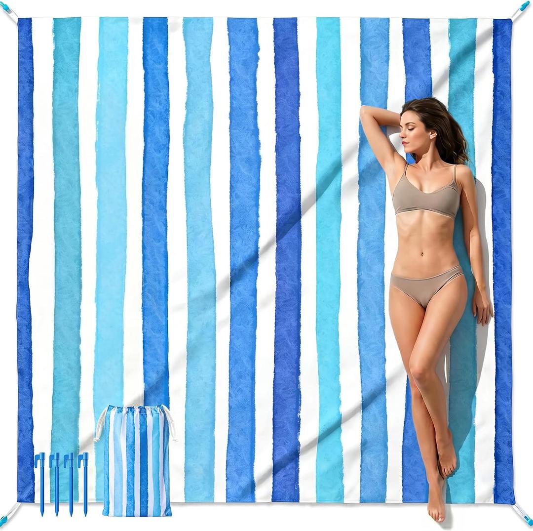 Blue Striped Beach Blanket, Large 79" x 83" Sandproof Waterproof Beach Mat | Lightweight Quick-Dry Foldable Picnic Blanket with 4 Stakes & Carry Bag for Beach, Travel, Camping