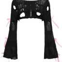 SHENHE Women's Crochet Shrug Bow Sweater Y2k Hollow Out Bell Sleeve Cropped Top (Black)