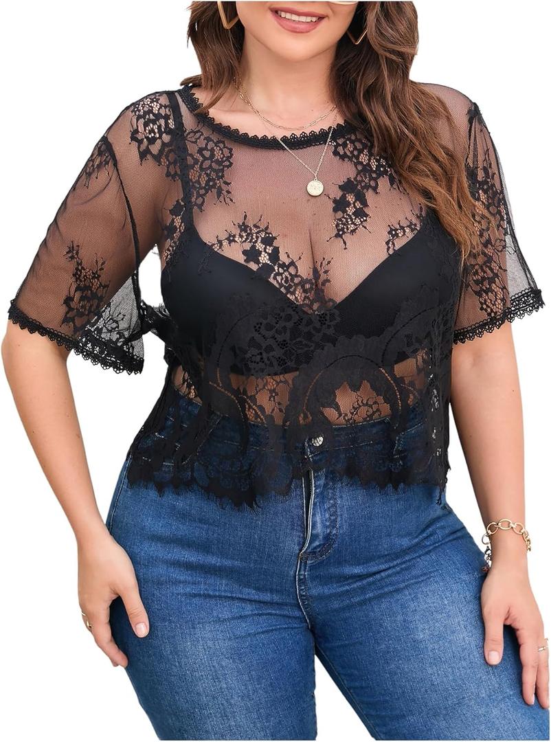 Floerns Women's Plus Size Lace Mesh Sheer Blouse Crew Neck Short Sleeve Crop Top (XL)
