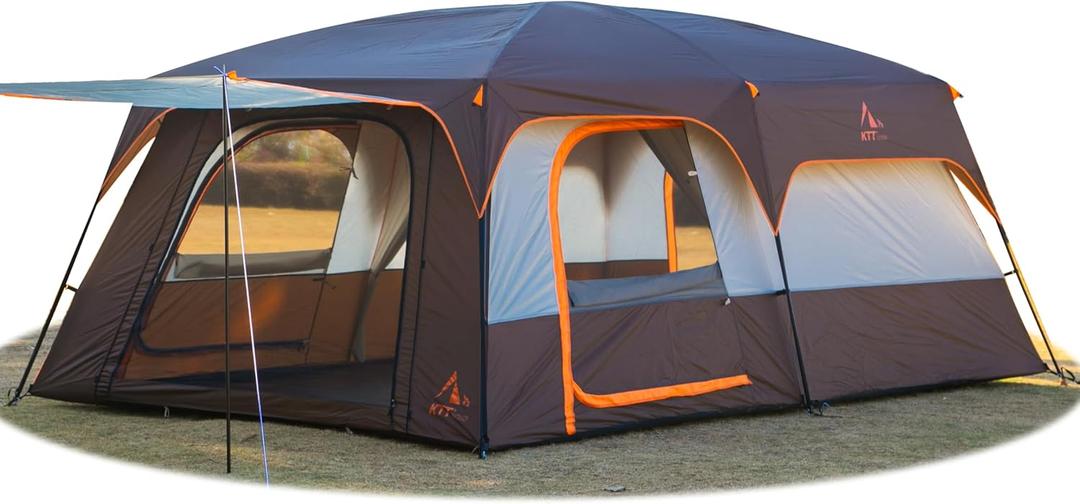 KTT Extra Large Tent 12-14 Person, Family Cabin Tents, 2 Rooms, 3 Doors and 3 Windows with Mesh, Straight Wall, Waterproof, Double Layer, Big Tent for Outdoor, Picnic, Camping, Family Gathering(Brown)