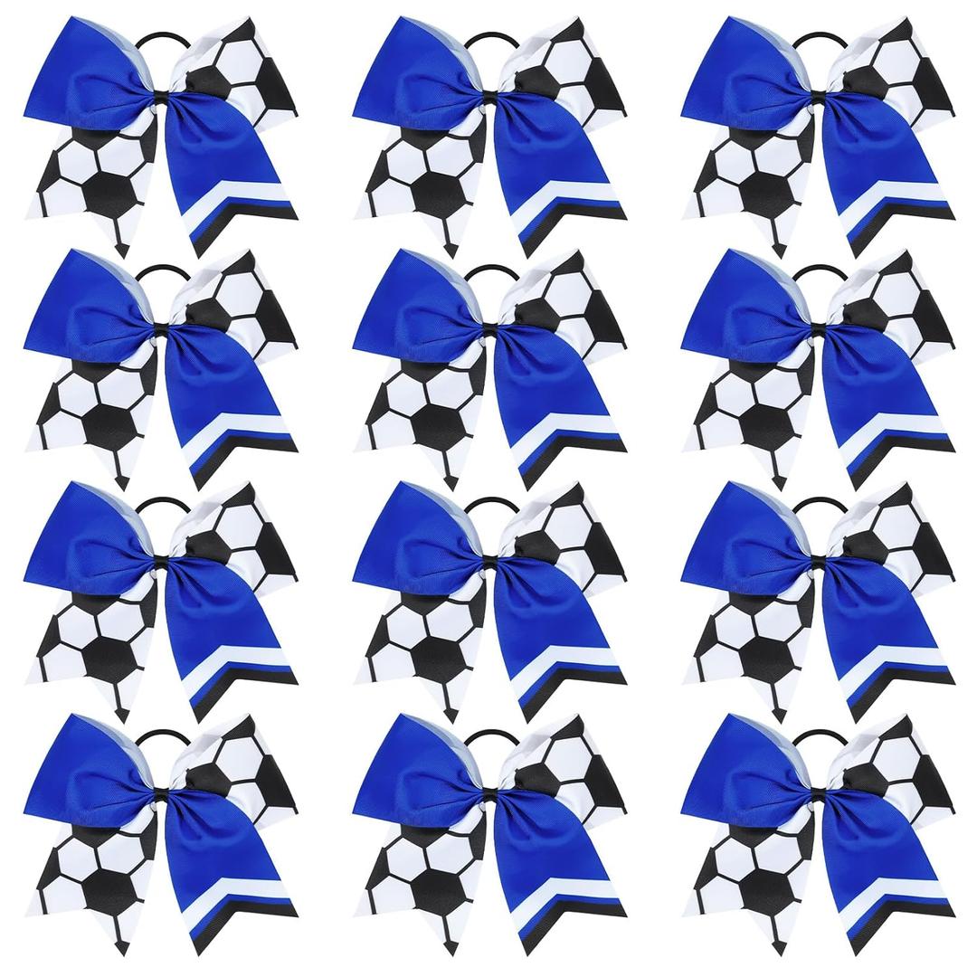 12PCS Soccer Bows 8" Soccer Cheer Bow Large Girls Hair Bows Cheerleading Bows Bulk Elastic Band Ponytail Holder for Teen College Football Competition-White Blue