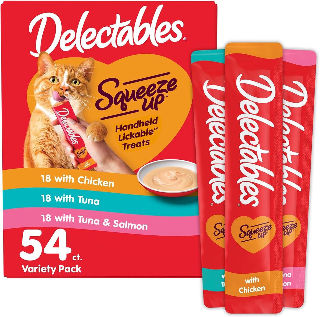 Delectables Squeeze Up Variety Pack, Creamy Squeezable Puree, Lickable Wet Cat Treats, Grain Free, No Fillers, by-Products, Preservatives, 0.5 Ounces Tube, 54 Tubes Total (EXP 01/15/28)
