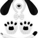 Dog Long Ears Headband - 5PCS Dog Ears Headband Paw Gloves Nose Bowtie Tail for Adult Women Halloween Puppy Costume Fluffy Floppy Animal Cosplay Party Accessories Set (Black and White)