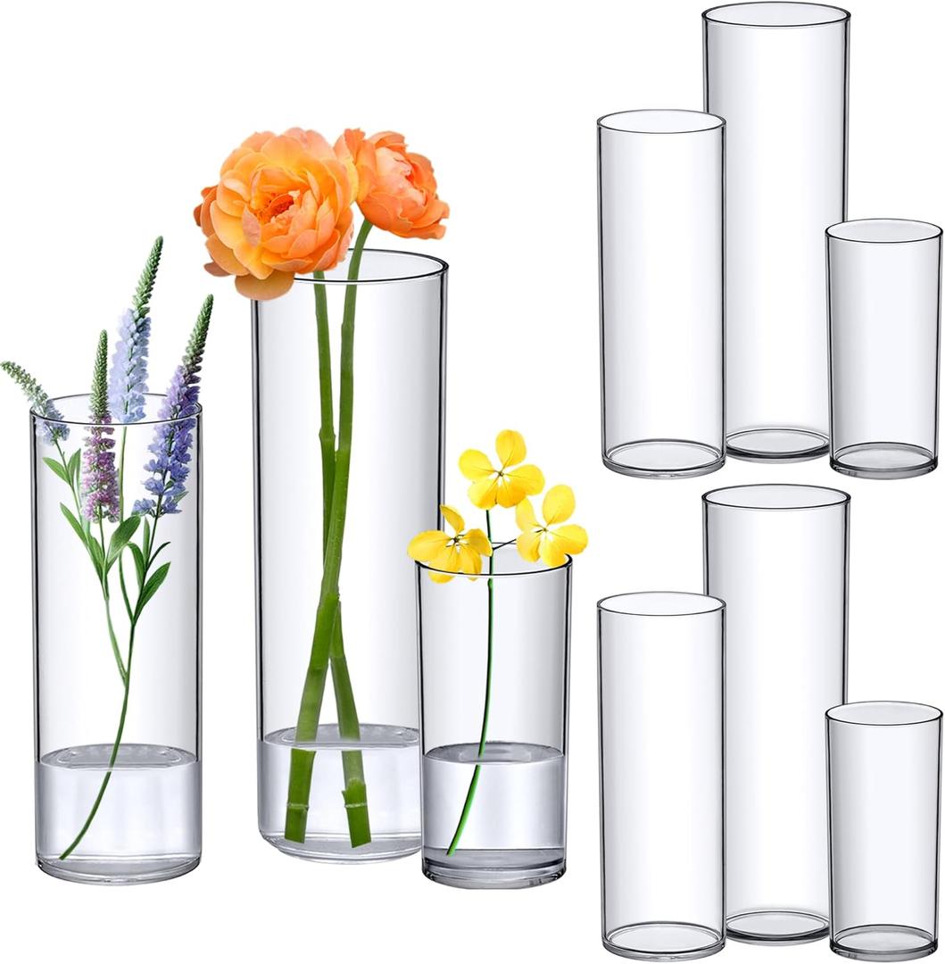 Amazing Abby - Viola Magra - Plastic Cylinder Vases (9-Piece Set), Acrylic Flower Vases for Wedding Centerpieces, Home Decorations, Office Ornaments, Shatter-Proof, 6" + 9" + 12" (H) (Not Glass)