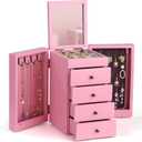 Meangood Jewelry Box Wood for Wowen, 5-Layer Large Organizer Box with Mirror & 4 Drawers for Rings, Earrings, Necklaces, Pink