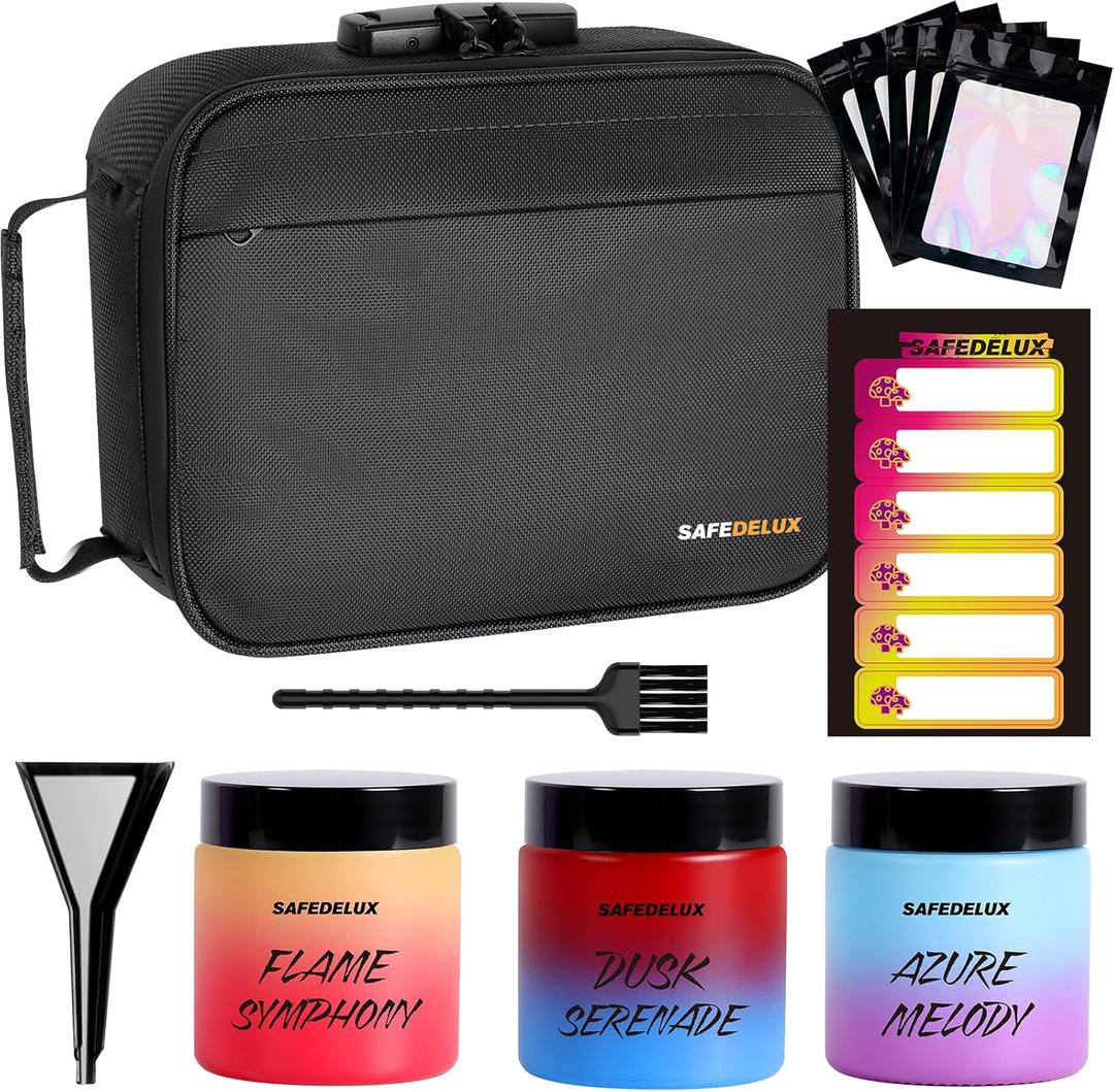 Carbon Lined Bag with Combination Lock, Airtight Glass Jar & UV Protection Glass, Moisture-Proof Travel Organizer for Coffee, Tea, Large Capacity Storage Case (Black Combo)