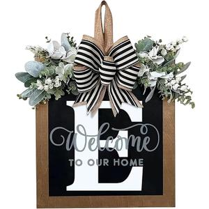 Last Name All Year Round Front Door Wreath with 26 Initial Letter Welcome Sign All Seasons Eucalyptus Garland and Bow ，Farmhouse, Porch, for Spring Summer Fall All Seasons Holiday Halloween Christmas.（E）