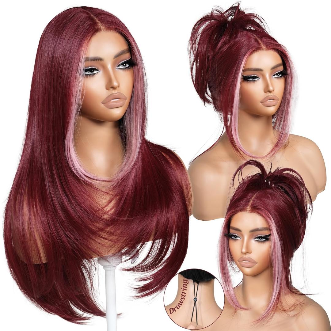 BrownBomb 99J Pink Face Framing Layered Wig Pre-Cut Pre-Plucked Hairline Pre-Colored Pre-Styled Synthetic Lace Wig Ready to Wear 26inch Wig for Beginners