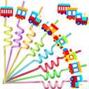 24 Pack Train Theme Shaped Straws - Reusable Plastic Straws with Cartoon Decoration - Kids Party Supplies - Birthday Party Favors with 2 Cleaning Brushes