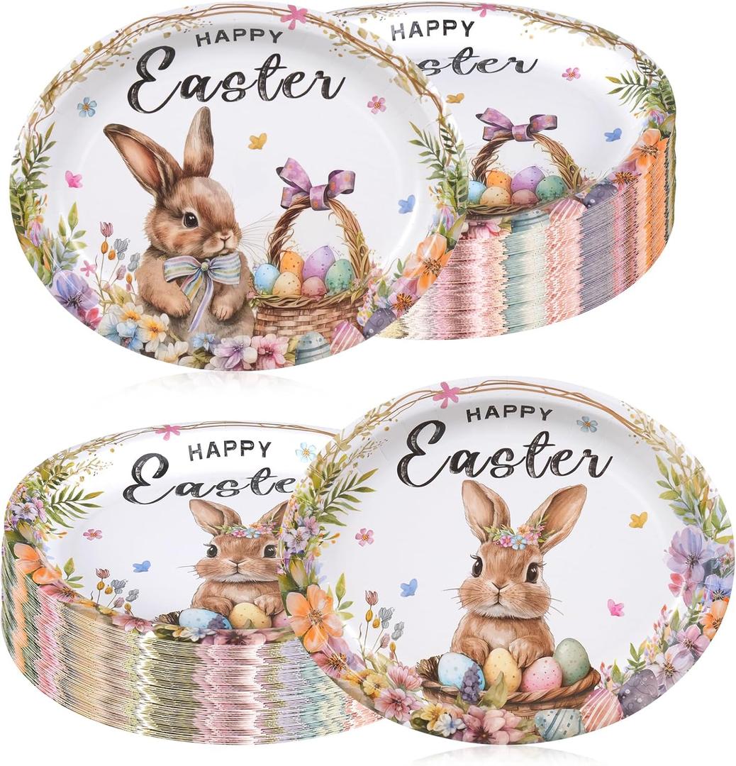 50 Pcs Easter Party Supplies Oval Paper Plates Set, Bunny Rabbit Large Disposable Party Dinner Plates Bunny Egg Flowers Tableware for Spring Easter Birthday Table Decorations Party Supplies