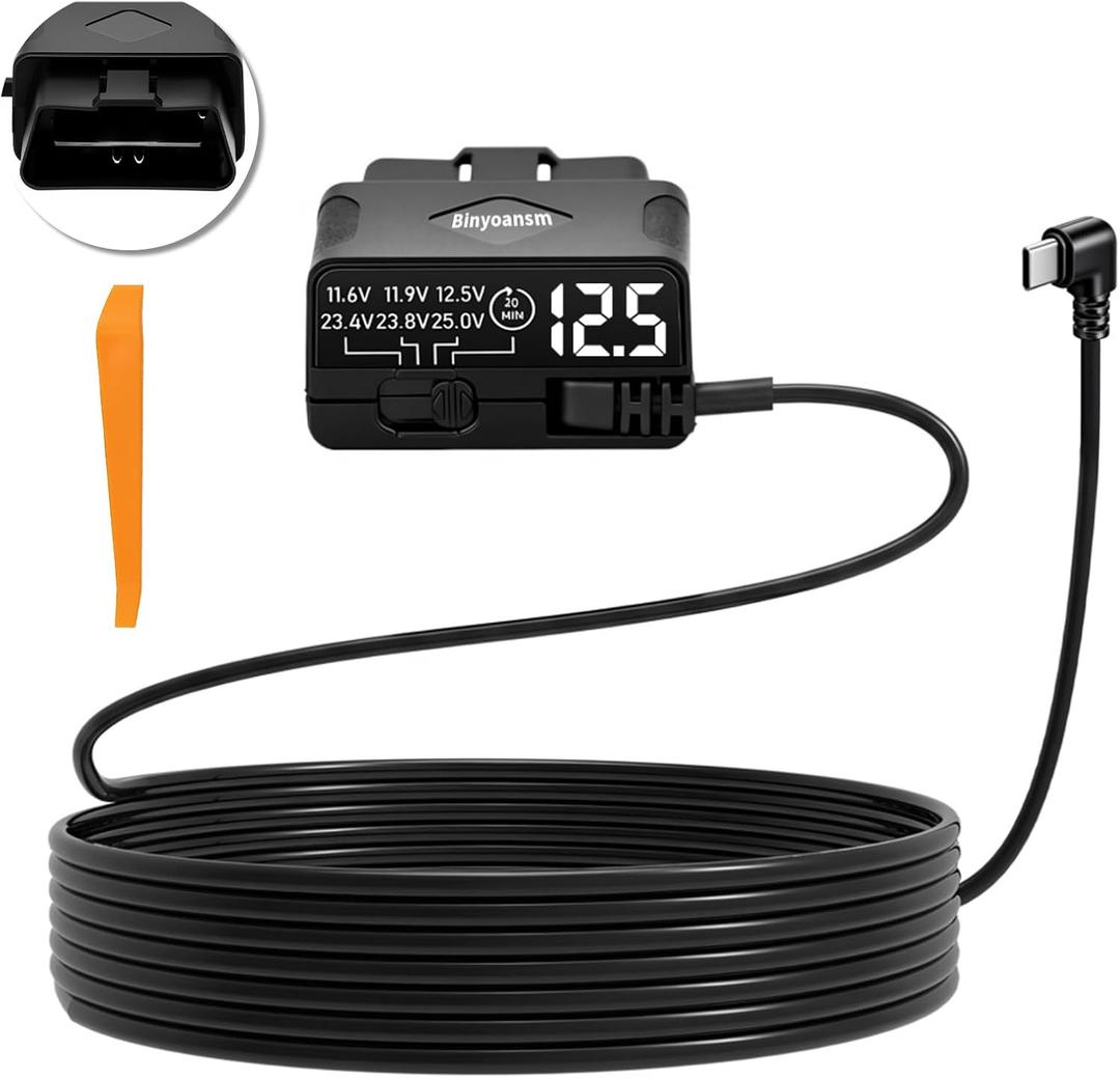 OBD Dash Cam Power Cable USB C with Acc Detection, Plug and Play Hardwire Kit for Dash Camera with 4-Level Low Voltage Protection, LED Voltmeter, 12V-24V to 5V for Parking Mode, 11.5ft