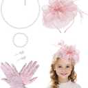Girls Tea Party Fascinators Hats with Lace Gloves Pearl Necklace Earring Jewelry for Tea Party Wedding Accessories