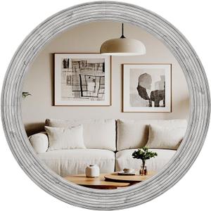 ULIKE Round Mirror for Bathroom 24x 24 Inch, Farmhouse Rustic Wood Frame Wall Mirror, White Vanity Circle Mirror for Bedroom Living Room Entryway Decor