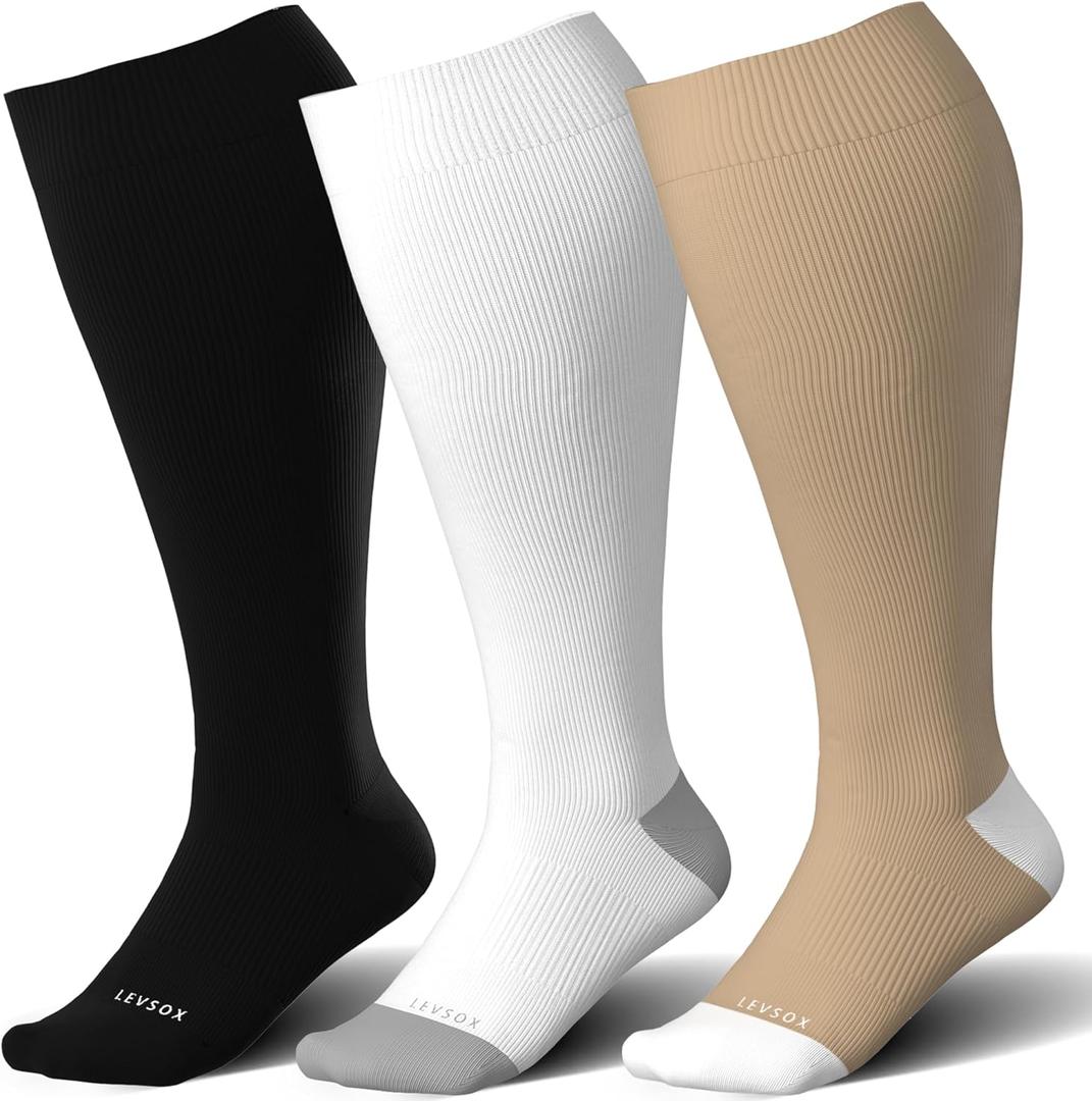 LEVSOX Wide Calf Compression Socks for Women&Men Plus Size 15-20mmHg Knee High Large Support Stockings for Circulation (XXL)