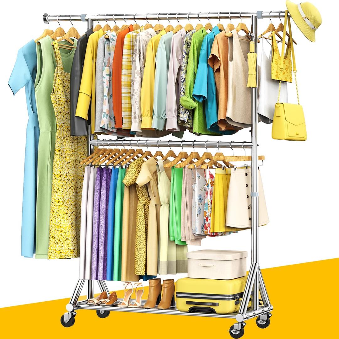 Heavy Duty Double Rods Clothes Rack Load 860LBS, Adjustable Portable Clothing Racks for Hanging Clothes, Rolling Garment Rack With Wheels Shelf, Sturdy Freestanding Closet Rack, 100% Stainless Steel, Silver 