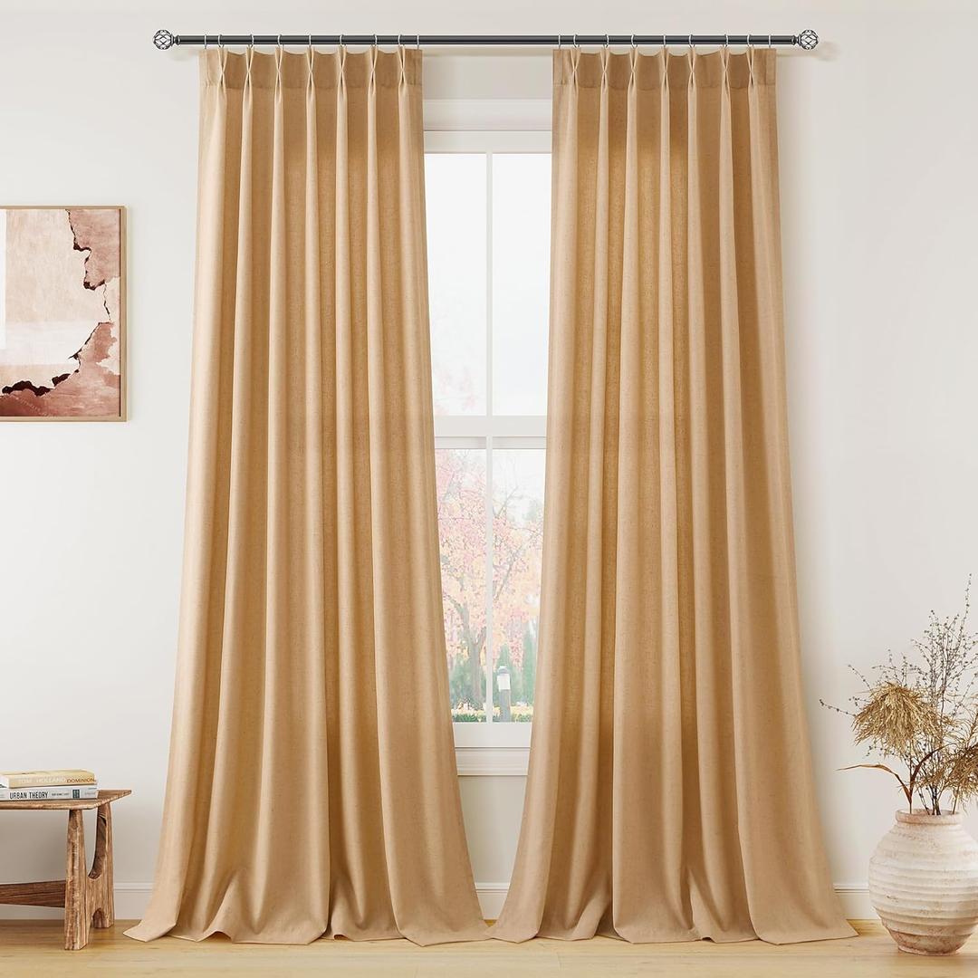 Aersas Camel Linen Pinch Pleated Curtains 120 Inches for Living Room 2 Panels Set Back Tab Extra Long Flax Curtain Farmhouse Light Filtering Semi Sheer for Large Window Treatments， 40x120 Inch