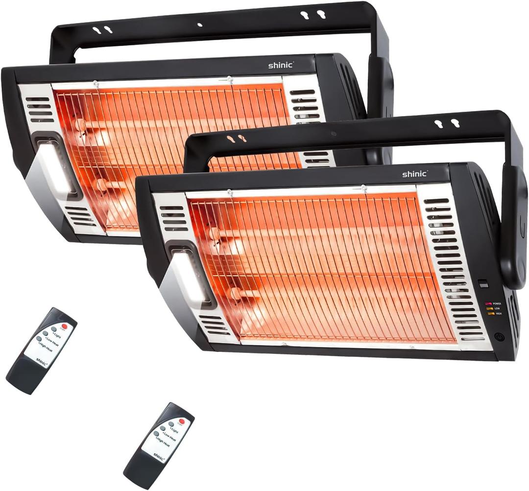 Shinic 2 Packs Electric Garage Heaters with Remote Control, 1500W/ 750W Ceiling Mounted Radiant Quartz Heater with Work Light, 90° Rotation, 5 Mode Settings, Electric Heater for Garage, Shop, Patio