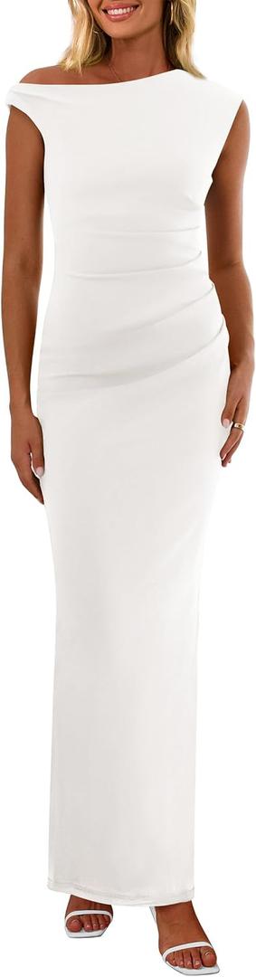 PRETTYGARDEN Women's 2026 Summer Formal Maxi Dresses Sleeveless One Shoulder Bodycon Ruched Mesh Wedding Guest Cocktail Dress (White, XXL)
