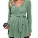 Womens Maternity Shirts Long Sleeve Pregnancy Tops V Neck Ribbed Knit Tie Front Wrap Breastfeeding Shirts Light Green XL