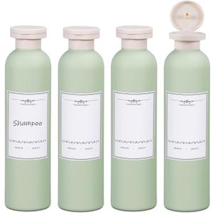 ASEVAT 8.8oz 4Pcs Green Plastic Refillable Travel Shampoo and Conditioner Bottles Plastic Refillable Travel Shampoo Bottles with Flip Cap Shampoo and Conditioner Dispenser