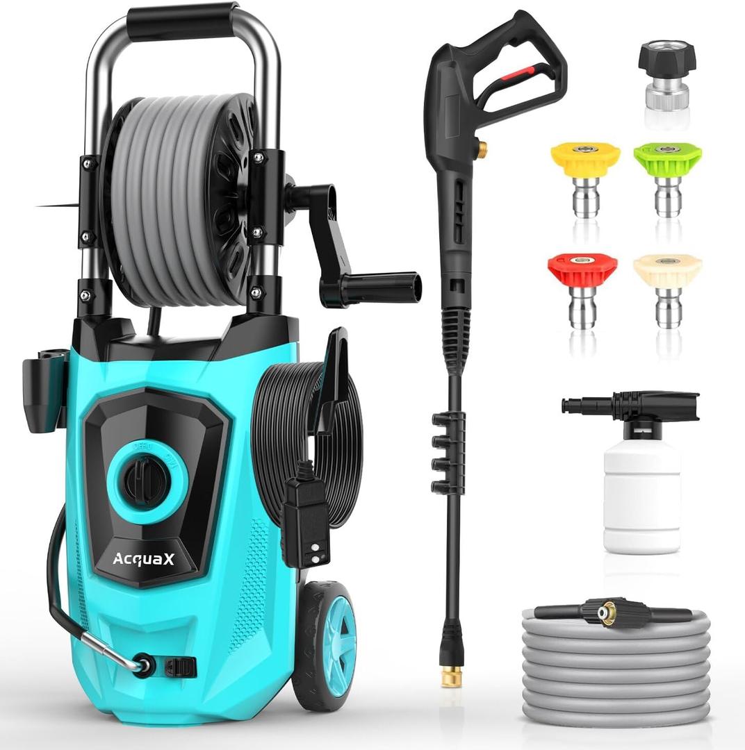 Electric Pressure Washer with Hose Reel, 3900 PSI 2.5GPM Power Washer with 4 Quick Connect Nozzles and Foam Cannon, High Pressure Cleaning Machine for Cars/Patios/Diverway/Fences