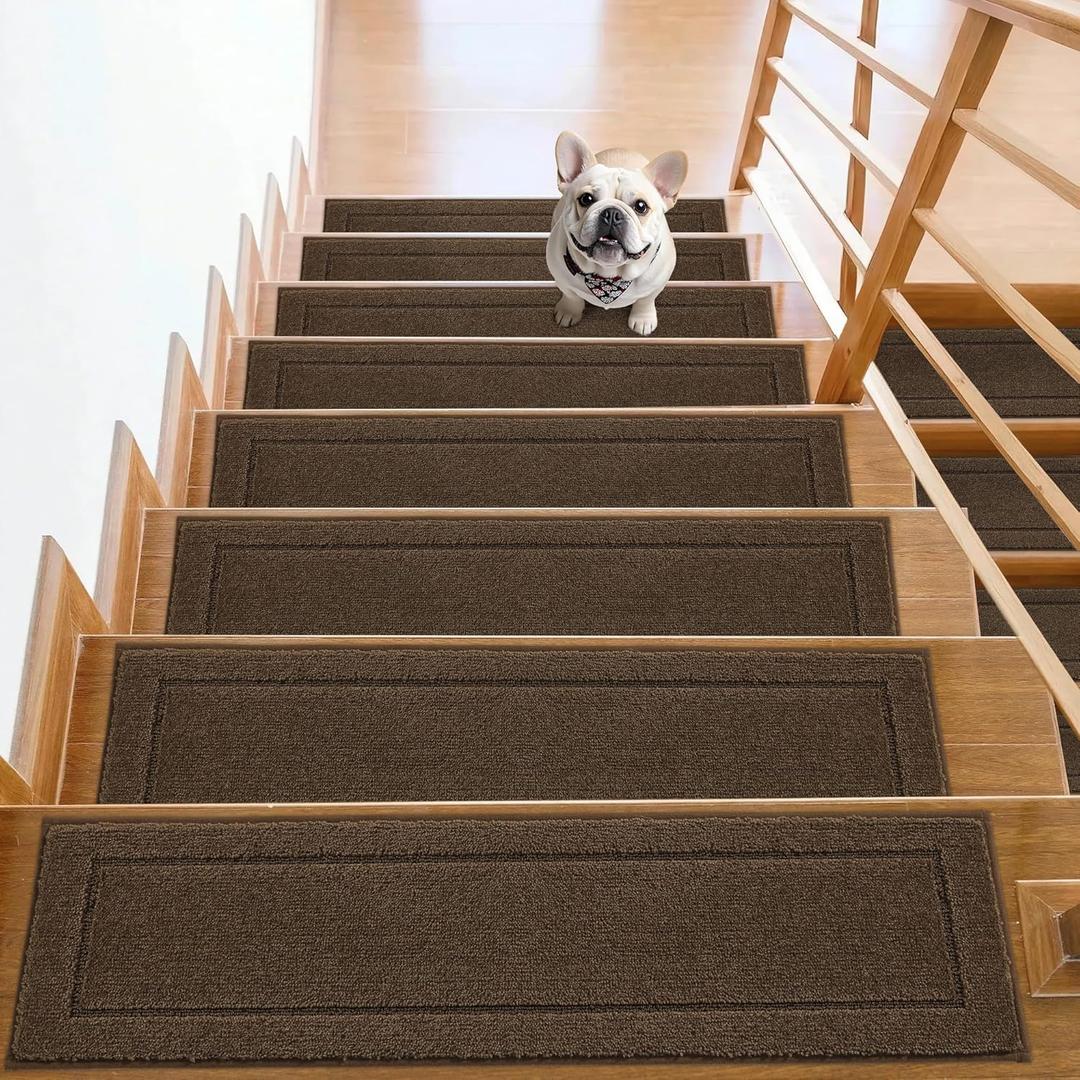 Non-Slip Stair Treads for Wooden Steps Indoor, 15 Pack 8" X 30" Edging Stair Rugs with TPE Backing, 0.4" Thick Carpet Stair Treads for Kids Elders & Pets, 100% Polyester Soft Stair Runners, Brown