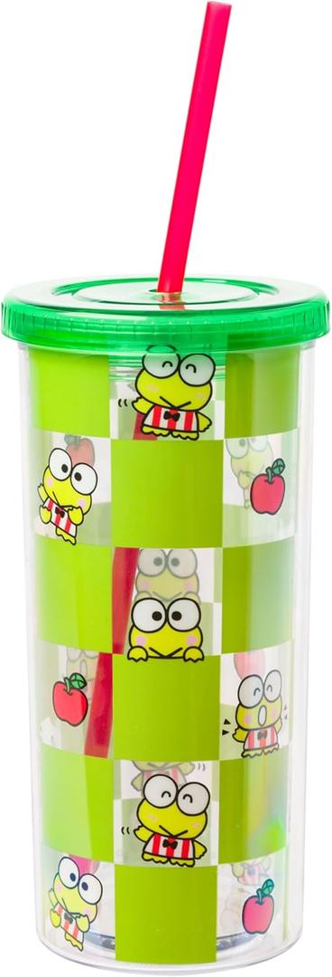Silver Buffalo Sanrio Hello Kitty and Friends Keroppi Green Checkered Plastic Cold Cup with Lid and Straw, 20 Ounces