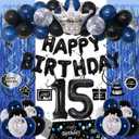 15th Birthday Decorations for Boys Girls, Blue Black Happy 15th Birthday Decorations Boy, 15 Year Old Birthday Balloons Banner, Tablecloth, Fringe Curtains Hanging Swirls Boy 15 Bday Party Decor