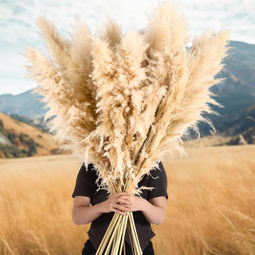 Tigeen 120 Stems Natural Dried Pampas Grass Decor, Large Pampas Grass for Tall Floor Vase, Natural Beige Pompas, Dried Flower Bouquet for Wedding, Party, Farmhouse, Boho Home Decor, 40 Inch