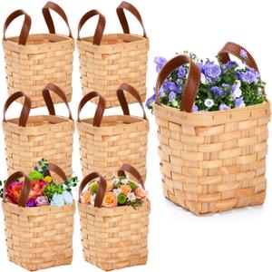 ZOOFOX 6 Pack Small Wicker Basket with Handle, 4" x 4.5" Woodchip Baskets for Gifts Empty, Rustic Style Basket Flower Girl Baskets for Wedding Home Party Decor Easter Gift Packing