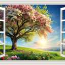 Fake Window Wall Mural Spring Green Flowers Tree Art Poster Faux Window Wall Sticker for Office Home Room Decor, Peel and Stick Wall Decals 24" x 16"