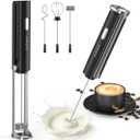Anfilank Handheld Milk Frother Wand with Folding Stand, Rechargeable Electric Whisk with 3 Speeds & 3 Stainless Heads, Milk Foam Maker with Stand for Latte, Cappuccino, Hot Chocolate, Egg