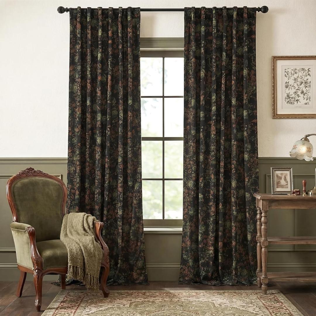 StangH Back Tab Floral Velvet Curtains - Luxury Room Darkening Black Print Window Drapes 90 inches Long for Sliding Door Living Room/Bedroom/Room Divider, W52 x L90, 2 Panels