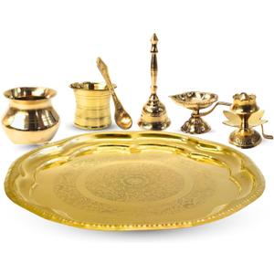 Vedic Charya 11 Inch Brass Puja Thali Set Flower Shape  Set of 7 Golden Traditional Plate, Decor Indian Religious Festivals & Worship for Shivratri, Navratri, Home Mandir, Office Wedding Return Gift