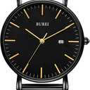 BUREI Men Watches Brown Leather Fashion Minimalist Wrist Watch Simple Ultra Thin Waterproof Quartz Watches All Black Stainless Steel Mesh Band,Gift for Men Women (Gold dark black)