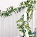 Anna's Whimsy 2PCS 5.91FT Artificial Eucalyptus Garland with Flowers, Fake Rose Gypsophila Garland, Faux Floral Greenery Garlands for Wedding Spring Home Party Table Runner Decor  White