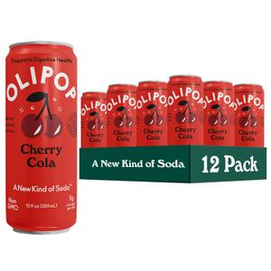 OLIPOP Prebiotic Soda Pop, Cherry Cola, Pantry Pack Packed with Prebiotics, Fiber, and Botanicals, Gluten Free, Vegan, GMO Free, 12oz Skinny (12-Cans)