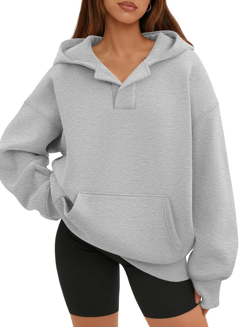 ATHMILE Oversized Hoodies for Women Fashion V Neck Pullover Sweatshirts with Thumb Hole Y2k Clothes Fall Outfits 2026 (Medium, Light Gray)