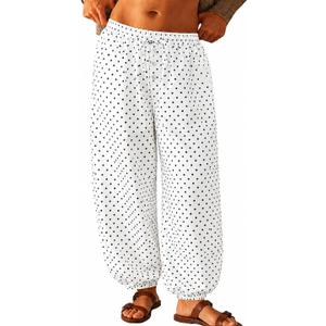 Womens Polka Dot Balloon Pants Elastic Waist Baggy Harem Pants Wide Leg Drawstring Comfy Trousers with Pockets (White, S)