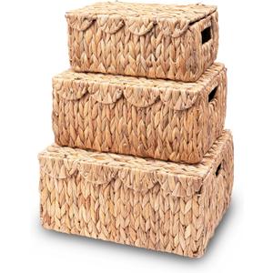 Scalloped Edge Wicker Basket with Lid, Rectangle Wicker Storage Basket with Built-in Handles, Multipurpose Organizer Rattan Display Boxes for Shelf, Nursery Room, Set of 3