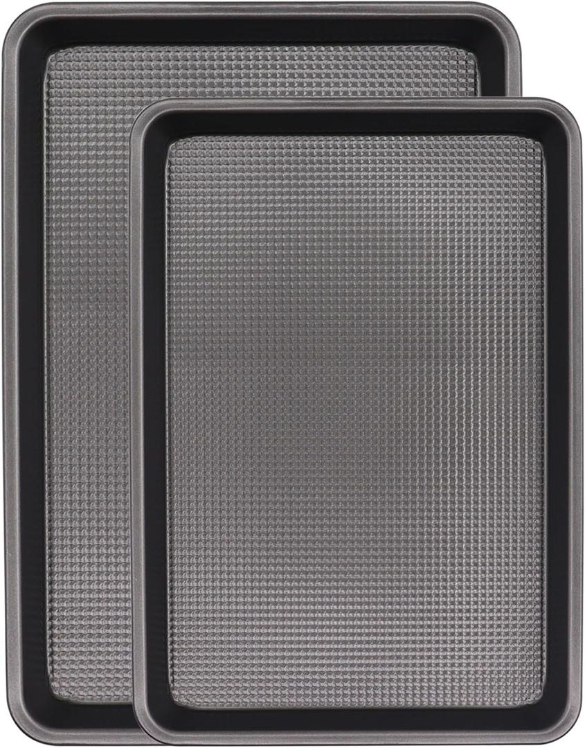 Cookie Sheets for Baking Nonstick, 2 Pack Heavy Duty 0.8mm Dark Gray Sheet Pan Set Quarter (9x13in) & Jelly Roll (10x15in), Diamond Textured Commercial Grade, Small Oven Safe