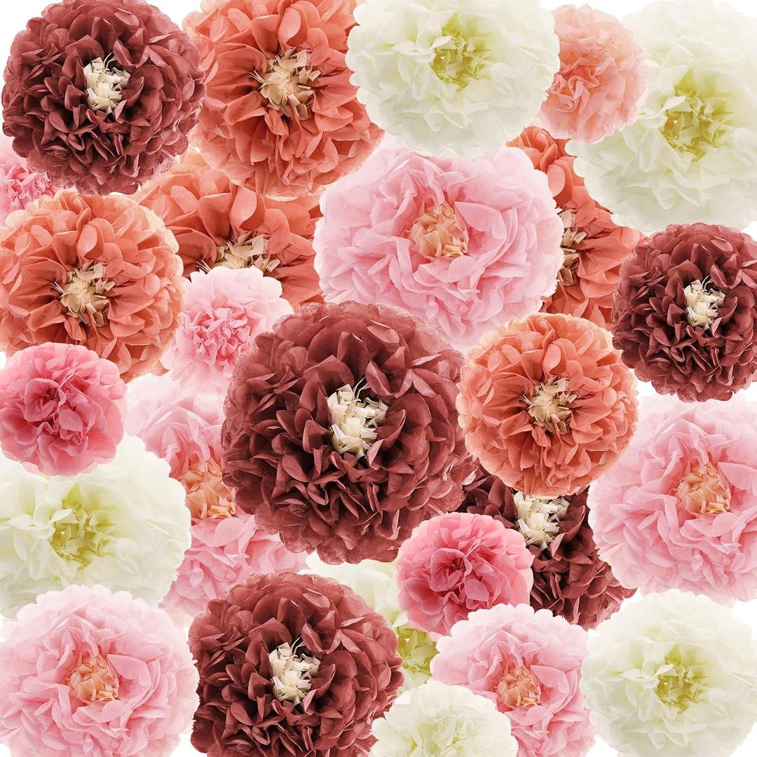 24 Pcs Tissue Paper Pom Poms, 4" to 14" Dusty Rose Tissue Paper Flowers Decorations for Wedding Baby Shower Bachelorette Birthday Party Decoration