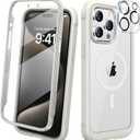 Diaclara Magnetic for iPhone 15 Pro Case, [Military-Grade Drop Proof & Fit for MagSafe] Built-in Shockproof Screen Protector, [Camera Lens Protector] Phone Cover for iPhone 15 Pro 6.1"(White)